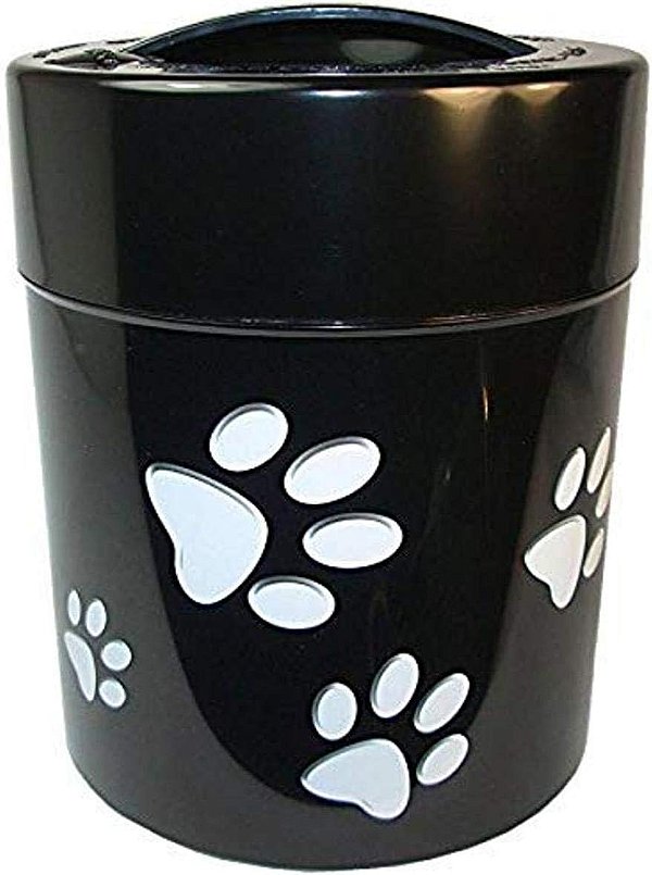 Recipient Pawvac de 2,5 libras para armazenamento de comida para animais de estimação selada a vácuo; Tampa e corpo pretos/ Patas brancas.
