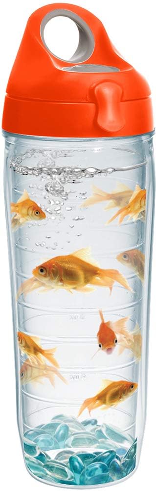 Tervis Peixinho Dourado fabricado nos EUA Copo de Viagem com isolamento térmico de parede dupla mantém bebidas frias e quentes, garrafa de água de 24oz - Tampa laranja, clássica