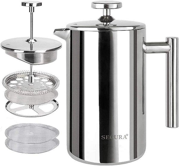 Cafeteira French Press Secura, Aço inoxidável de grau 304, Prensa de café isolada com 2 telas extras, 12oz (0,35 litro), prata (SFP-12DS)