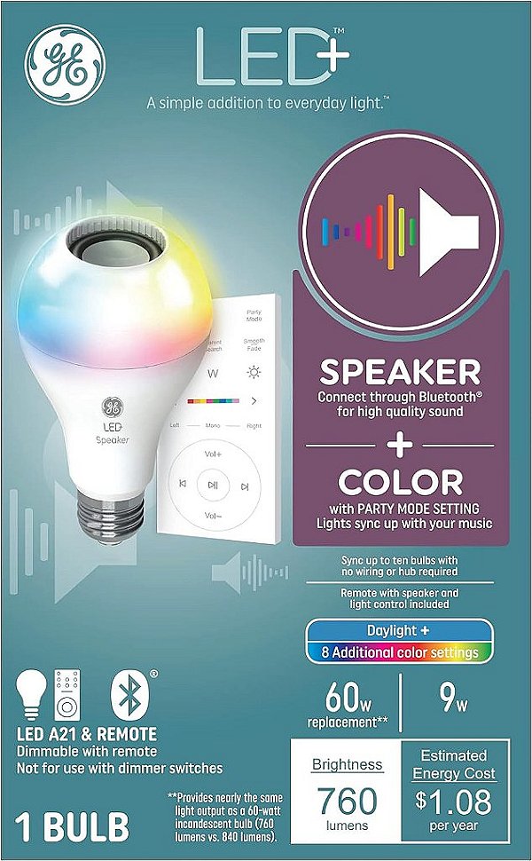 Lâmpada LED colorida com alto-falante e controle remoto GE LED+, 9W, Luz do dia + Multicolorida, A21 (1 unidade)