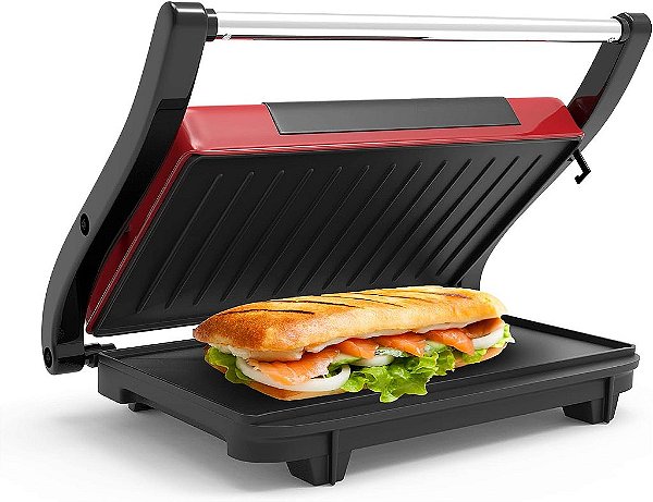 Chef Buddy Gourmet (Vermelho) Grelha Panini - Fabricante de Sanduíche com Placas Antiaderentes - Preparo de Hambúrgueres, Bifes, e Queijo Quente na Bancada Interna, 9.5 x