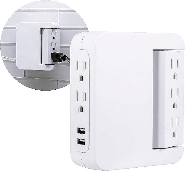 Protetor de surto giratório com entradas laterais da GE Pro, extensor de 5 tomadas com 2 portas USB, adaptador de tomada de parede, estação de carregamento, 3 pinos, 560 joules, 2.