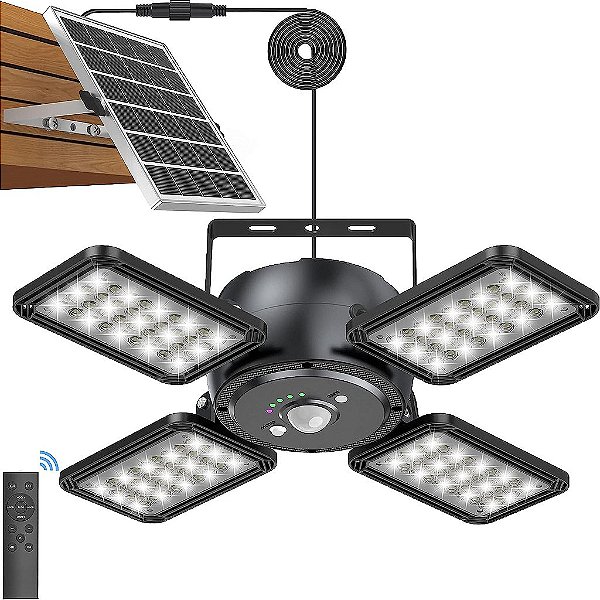 Luz de Pendente Solar para Ambientes Internos e Externos com Sensor de Movimento, Alimentado por Energia Solar, 144 LEDs 1200LM Luz de Trabalho Diurna com 5 Modos de Iluminação, Controle Remoto e
