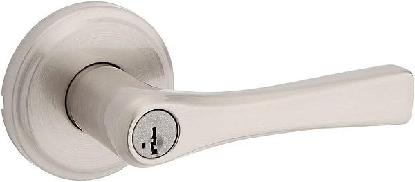 Kwikset Katella Maçaneta de Porta de Entrada com Fechadura e Chave, Alavanca Reversível com Chave Segura para Ambientes Externos, Para Entrada Frontal e Quartos, Níquel Acetinado, Seg