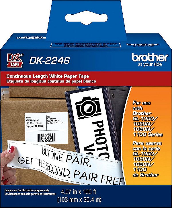 Papel de rótulo Brother Genuine DK-2246 para impressoras de rótulos Brother QL - Rolo contínuo de etiquetas de papel preto sobre branco, 4,07 x 100' (103mm x 30,4m)