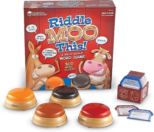 Recursos de Aprendizagem Riddle Moo This - Um Jogo Bobo de Adivinhas de Palavras, 150 Cartas, 4 Buzzers, Idade 5+, Vermelho
