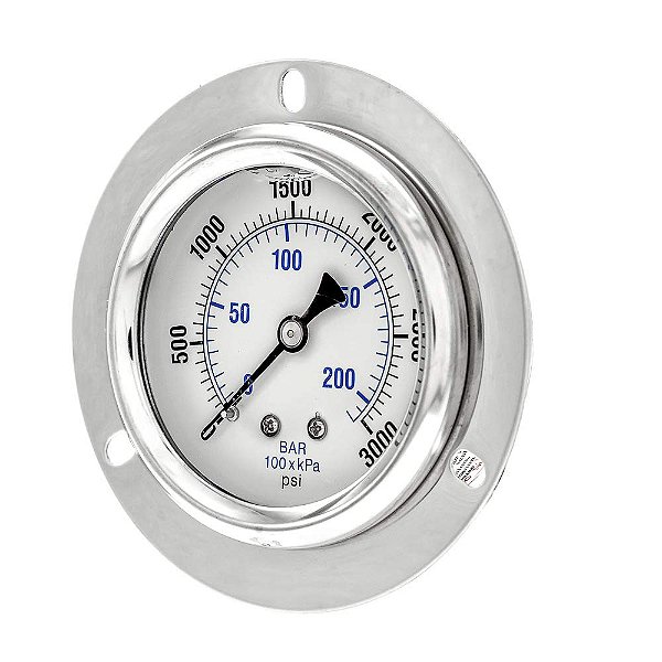 Manômetro de pressão de montagem em painel industrial com flange frontal e preenchido com glicerina PIC Gauge PRO-204L-254P, com caixa de aço inoxidável, internos de latão, lente de plástico, 2