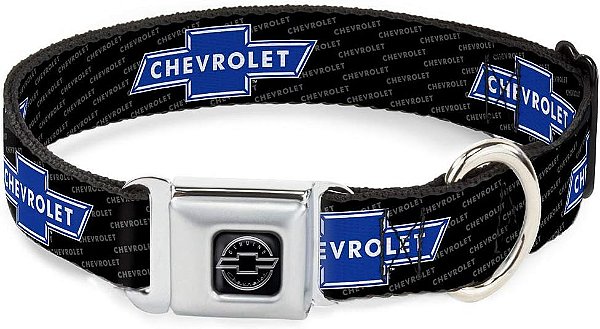 Coleira para cachorro com fivela de cinto de segurança Buckle-Down - Logotipo Chevy Bowtie REPETIR c/Texto - 1 Largura - Serve para pescoço de 15-26 - Grande
