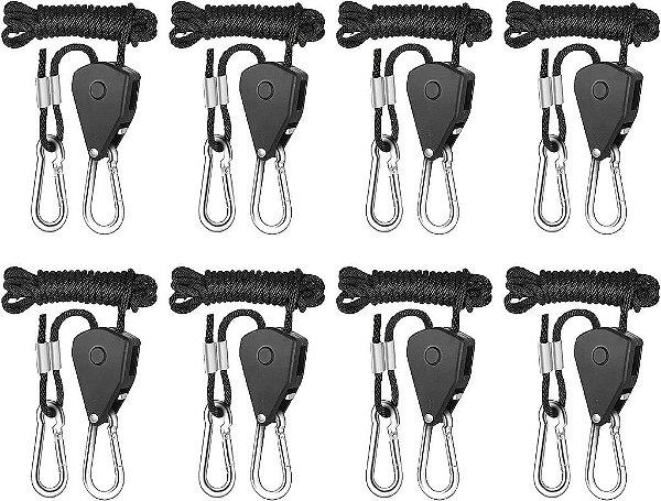 iPower 4 Pares 1/8 Polegada Pendurador de Corda Ajustável Resistente com Catraca para Iluminação de Cultivo, Engrenagens Internas de Metal Reforçadas, Capacidade de Peso de 150lbs,