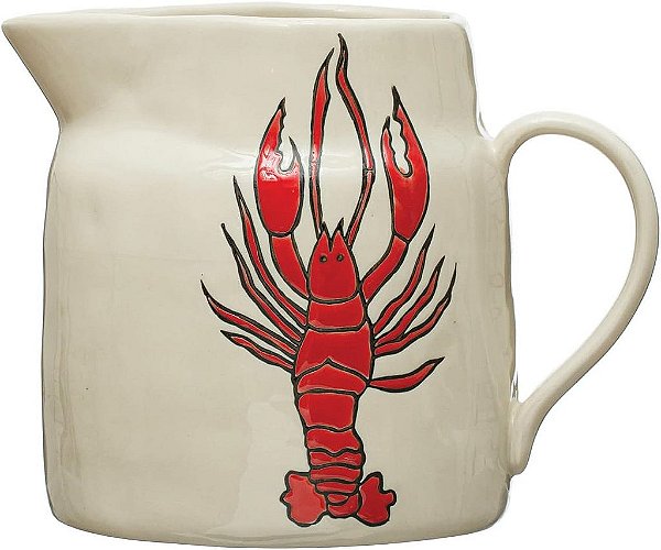 Jarra de pedra-ware costeira da Creative Co-Op com ilustração de lagosta em relevo de cera, multicolorido.