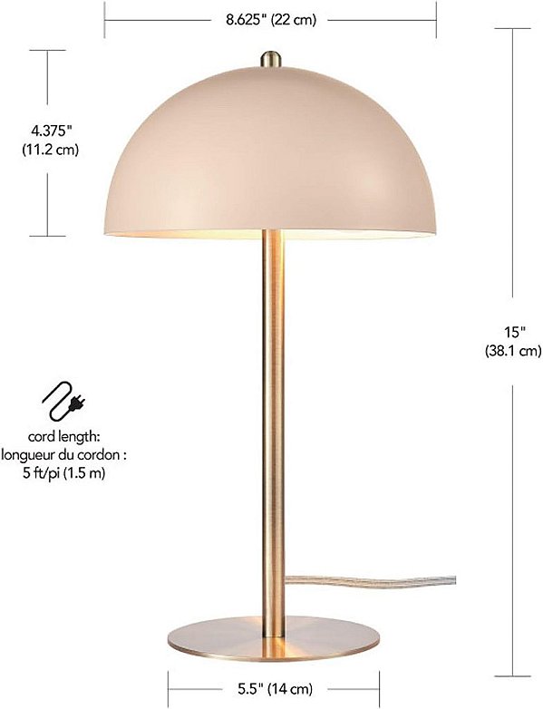 Luminária de Mesa de 15 Globe Electric 52332, Rosa Fosco, Detalhes em Latão Fosco, Interruptor de Alavanca Embutido On/Off.