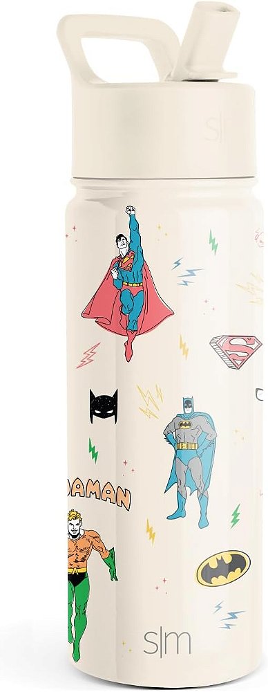 Garrafa de água para crianças Super Heróis da DC Comics da Simple Modern com tampa de canudo | Copo de aço inoxidável isolado reutilizável para escola | Coleção Summit | 18oz, Meninos Super Herói