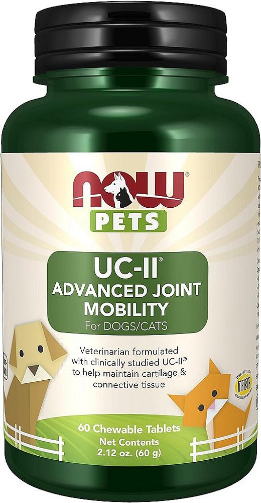 NOW® Pets, UC-II® Mobilidade Avançada das Articulações para Cães e Gatos, Formulado por Veterinários, Ajuda a Manter a Cartilagem e o Tecido Conectivo*, 60 Comprimidos Mastigáveis (60