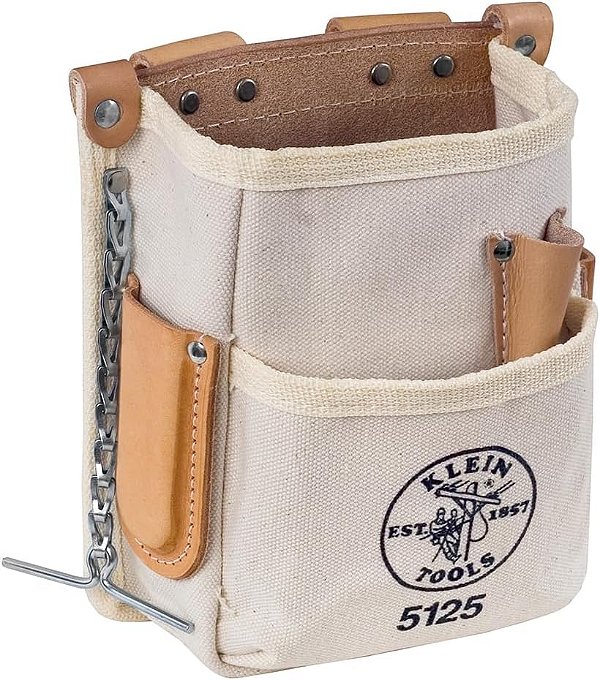 Bolsa de ferramentas Klein Tools 5125 Canvas e Leather de 5 bolsos com corrente, alça para fita métrica e conexão de cinto de túnel