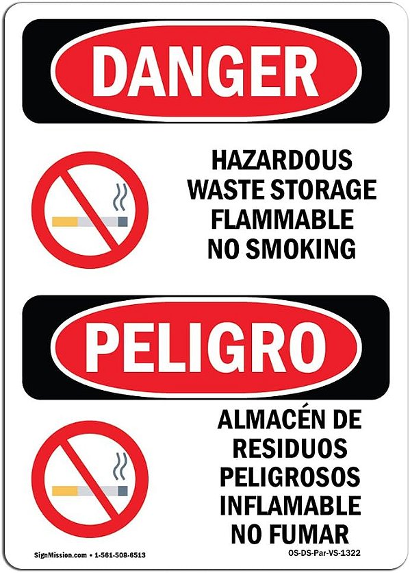 Placa de Perigo OSHA - Armazenamento de Resíduos Perigosos Proibido Fumar Bilíngue | Placa de Alumínio | Proteja seu Negócio, Canteiro de Obras, Área de Loja | Fabricado nos