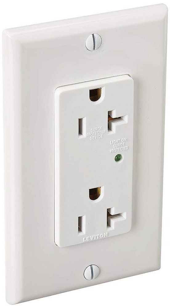 Tomada Duplex Leviton 5380-W 20 Amp, 125 Volts, Decora Plus, Lâmina Reta, Grau Industrial, Com Indicador de Surto e Luz, Branca
