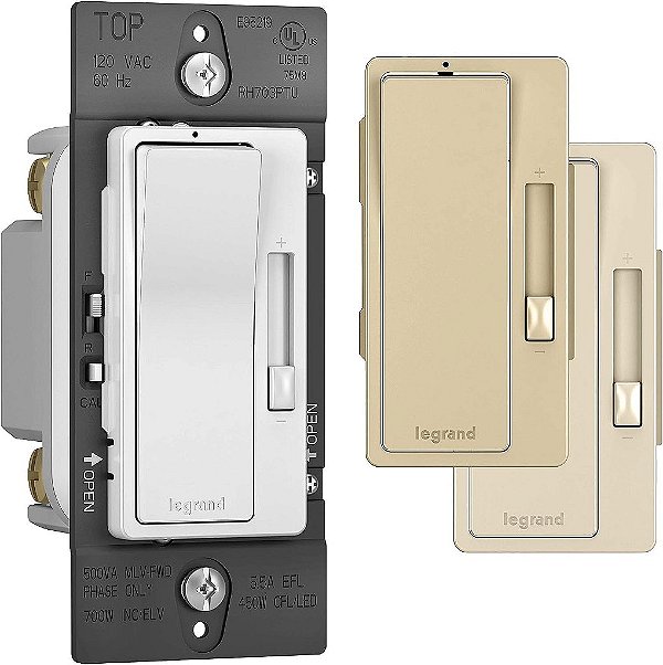 Tradução: Legrand - Interruptor de Dimmer de Luz Radiante Pass & Seymour, Interruptor de Dimmer de Único Polo com Localizador de LED, Placa de Rosto Interchangeable Branca, Marfim e Bege Claro, RH703PTUT