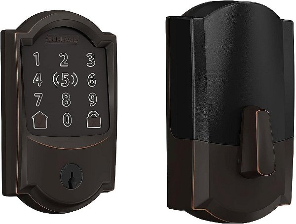 Fechadura inteligente Schlage BE499WB CAM 716 Encode Plus WiFi Deadbolt com Apple Home Key, fechadura de entrada sem chave com acabamento Camelot, Bronze Envelhecido.