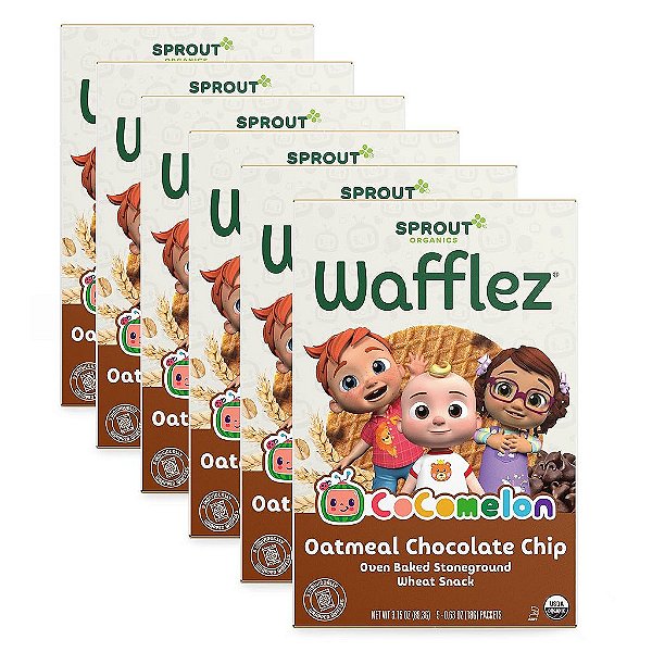 Lanches para bebês orgânicos da CoComelon Sprout, mingau de aveia com gotas de chocolate, 50 waffles em porção única.
