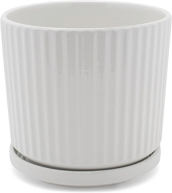 Vaso de cerâmica cilíndrico com nervuras da Napco para plantas de interior com prato, 6 polegadas, Branco Clássico