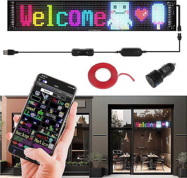 Placa de matriz LED programável FAHKNS, Painel flexível de LED brilhante enorme para publicidade rolante, Placa de LED controlada por aplicativo Bluetooth para publicidade em lojas de carros, lojas e bares, 19''x5''
