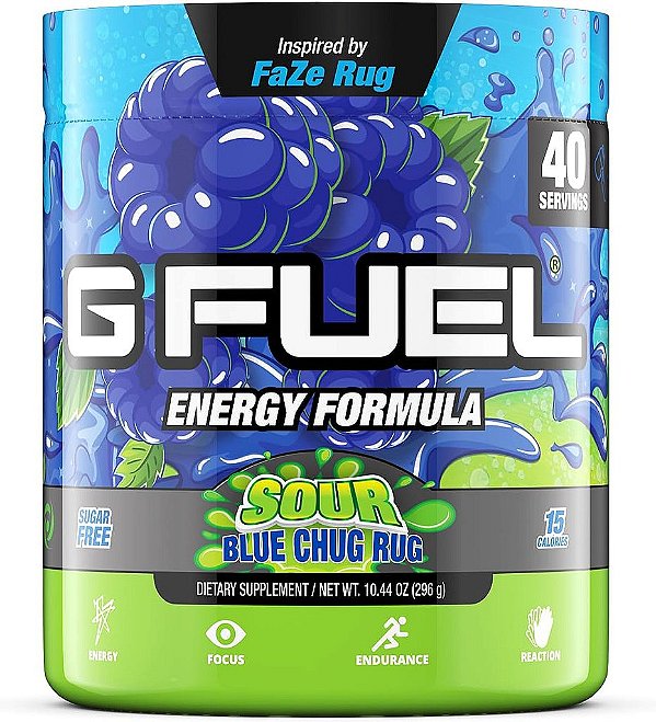 Pó energético G Fuel Faze Rug, sem açúcar, suplemento de foco com cafeína limpa, mistura para água, sabor de framboesa azul azeda, com aminoácidos para foco, vitaminas e antioxidantes -