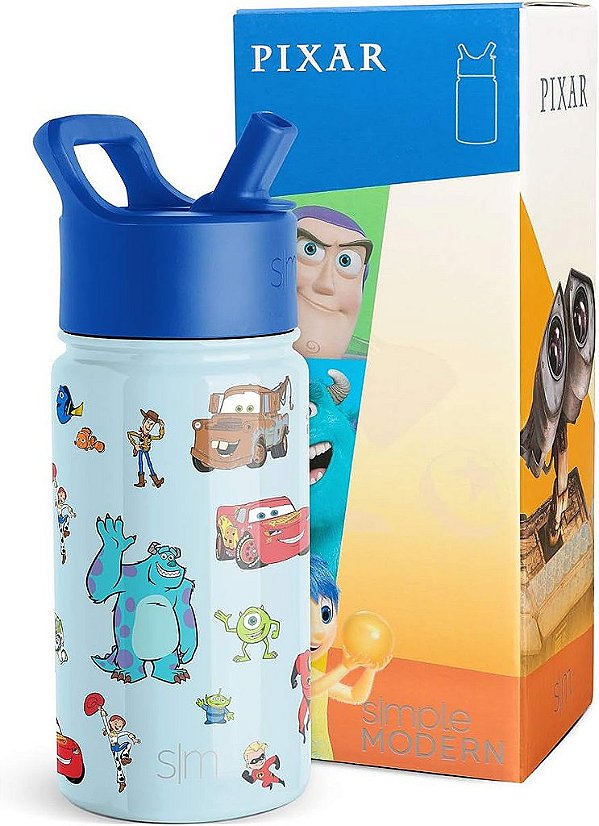 Garrafa de água para crianças da Disney Pixar, simples e moderna, com tampa de canudo | Copo de aço inoxidável isolado e reutilizável para meninos, escola | Coleção Summit | 14oz, Amigos Pixar.