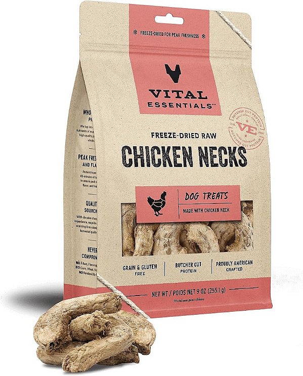 Petiscos para cachorro Vital Essentials de Frango, Pescoço de Frango, 9 oz.
