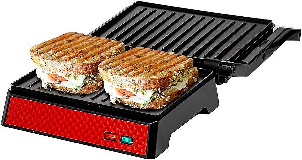 OVENTE Panini Press Elétrico e Grill e Sanduicheira com Placas Antiaderentes, Cabo com Toque Frio e Bandeja de Gotejamento Removível, Abre 180 Graus para Acomodar Qualquer Tipo ou T