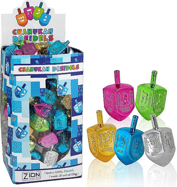 Dreidels Metálicos Aviv Judaica com Transliteração em Inglês Caixa de Exibição de 100 Dreidels em Cores Sortidas Azul Prata Ouro Rosa Verde Hanukkah Roda-gigante para o Jogo Tradicional de Chanuk