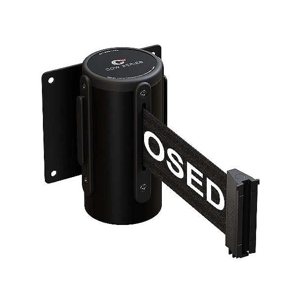 Controlador de Multidões Warehouse - Série CCW WMB-125 Suporte Fixo de Barreira Retrátil de Parede com Estojo de Aço Preto, Cinta Preta Esta LINHA está Fechada, Comprimento da Cinta de