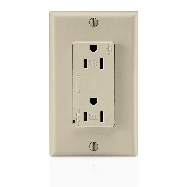 Tomada supressora de surto duplex Decora, comercial, autoaterrada, marfim, resistente a violações, 15 Amp, 125 volts, lâmina reta.