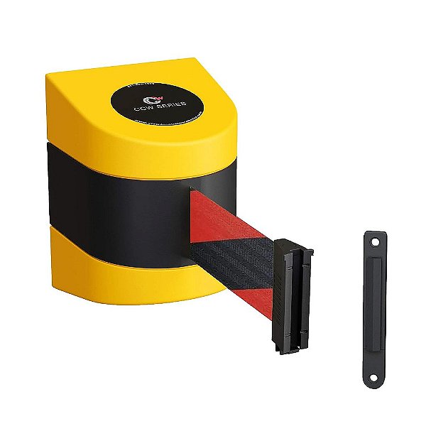 Armazém de Controle de Multidão - Barreira Retrátil de Montagem Fixa CCW Series WMB-230 - Cinto de 30 pés, Cinto Diagonal Preto e Vermelho com Caixa Amarela de ABS