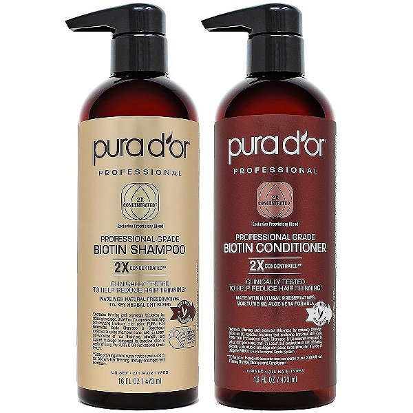 Shampoo e Condicionador Anti-Afinamento Capilar Pura D'Or Professional Grade Biotin, Testados Clinicamente, Resultados Comprovados, Bloqueador de DHT Concentrado 2X, Livre de Sulfato, 16oz x 2 para