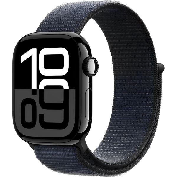 Apple Watch S10 caixa de alumínio em preto jet e pulseira esportiva loop na cor preta 42 mm MWWG3LW/A
