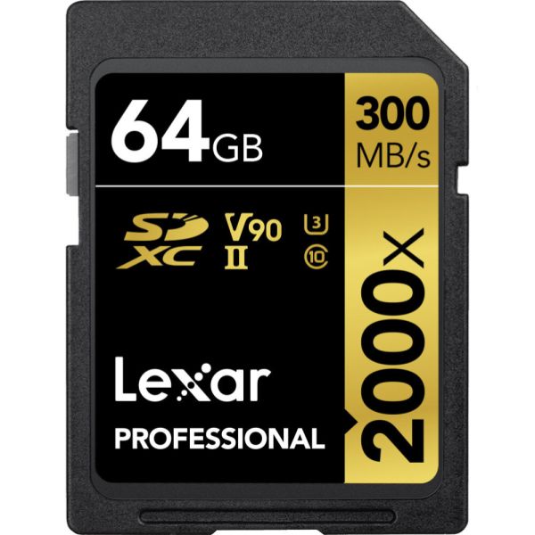 Memória SD SDXC Lexar Professional 2000X Série Gold 300-260 MB/s C10 U3 V90 64 GB (LSD2000064G-BNNNU)