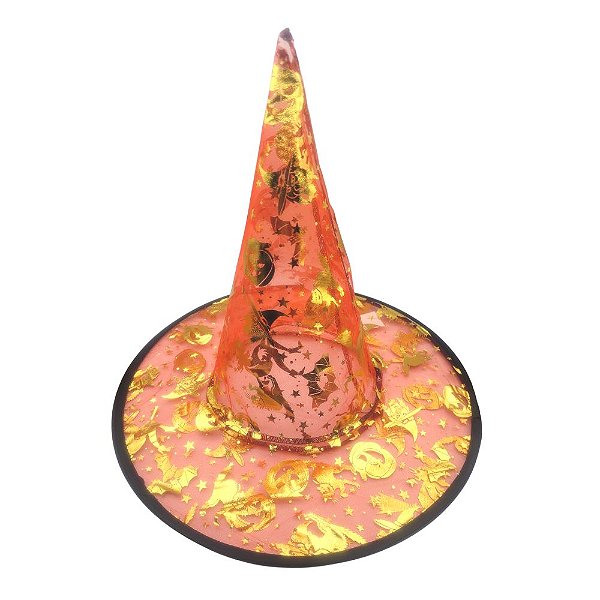Chapéu de Bruxa Transparente Fundo Vermelho Estampa Gato Bruxa Abóbora