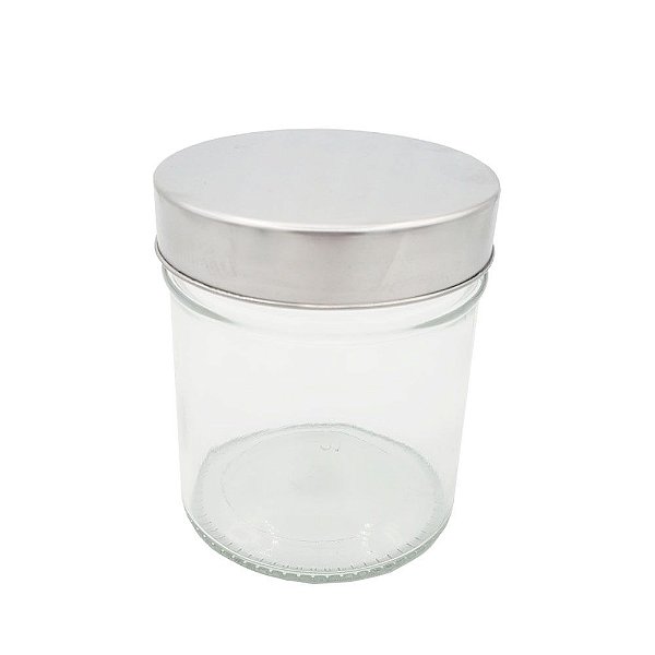 POTE VIDRO REDONDO 380ML TAMPA METAL PRATA 10X8,5CM 1318