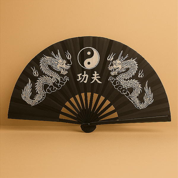 Leque de Mão Grande Preto Vermelho - Dragão Chinês