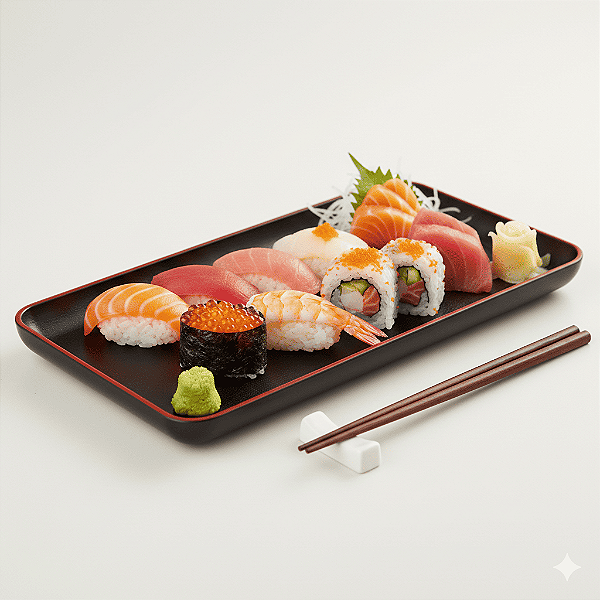 Bandeja Para Sushi Antiderrapante Retangular 38x28cm - Elegância em Preto e Vermelho Para Restaurante Japonês Bandeja Japonesa P