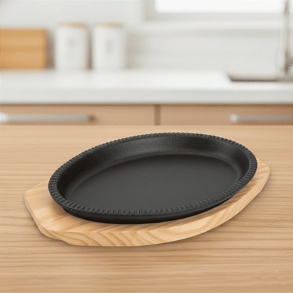 CHAPA PARA TEPPAN Oval Para Restaurantes Ferro Fundido com Base de Madeira Teppanyaki Ganrai