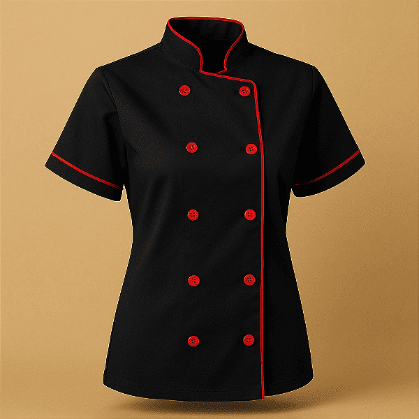 Dólmã Chef Feminina Manga Curta – Preto com Vermelho | Profissional 100% Poliéster P/M/G