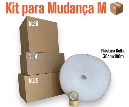 Kit Para Mudança Tamanho M / 5 Caixas N.14 (51x35x25) + 5 Caixas N.20 (40x40x40) + 5 Caixas N.22 (60x40x30) + 1 Bolha 30cmx100metros + 2 Fitas 48x100m