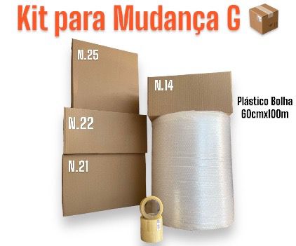 Kit Para Mudança Tamanho G / 5 Caixas N.14 (51x35x25) + 5 Caixas N.21 (60x40x40) + 5 Caixas N.22 (60x40x30) + 5 Caixas N.25 (50x35x50) + 1 Bolha 60cmx100metros + 3 Fitas 48x100m