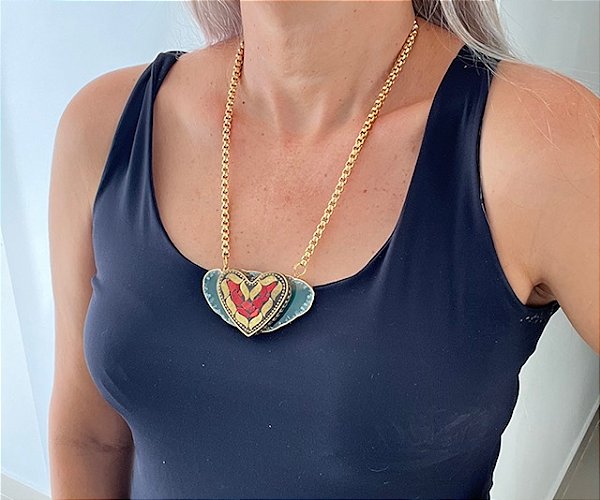 Colar pedra Ágata com pingente indiano vermelho vintage boho