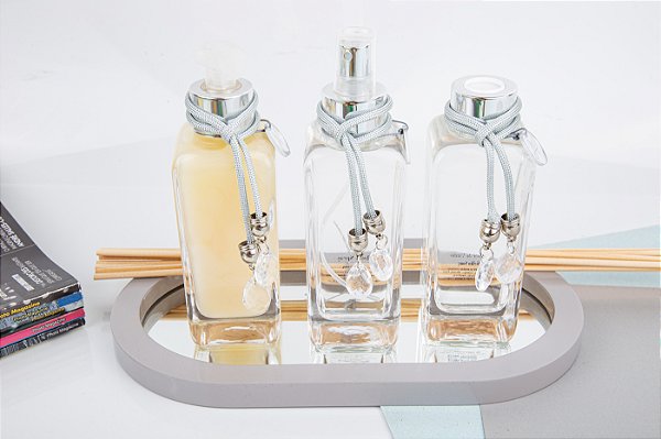 Kit Difusor de Aroma, Sabonete Líquido, Home Spray e Bandeja MDF com Espelho