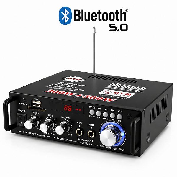 Amplificador de Áudio Hi-Fi Bluetooth – USB / SD / FM / 2 Entradas para Microfone