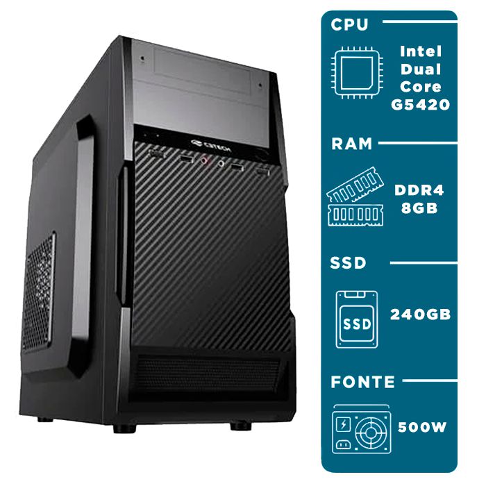 Computador Home Office Dual Core G5420T, Gabinete ATX C3Tech, SSD 240, DDR4, 8GB 2400MHZ