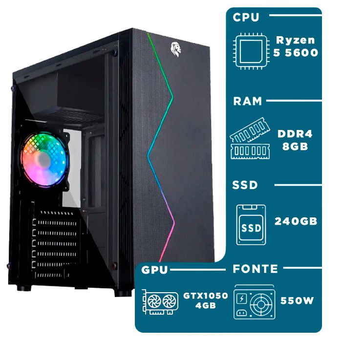 PC GAMER - AMD RYZEN 5 5600G - NVIDIA GEFORCE GTX 1050ti - 8GB DDR4 - 240GB SSD - 550W - GABINETE HAYOM - GB1705
