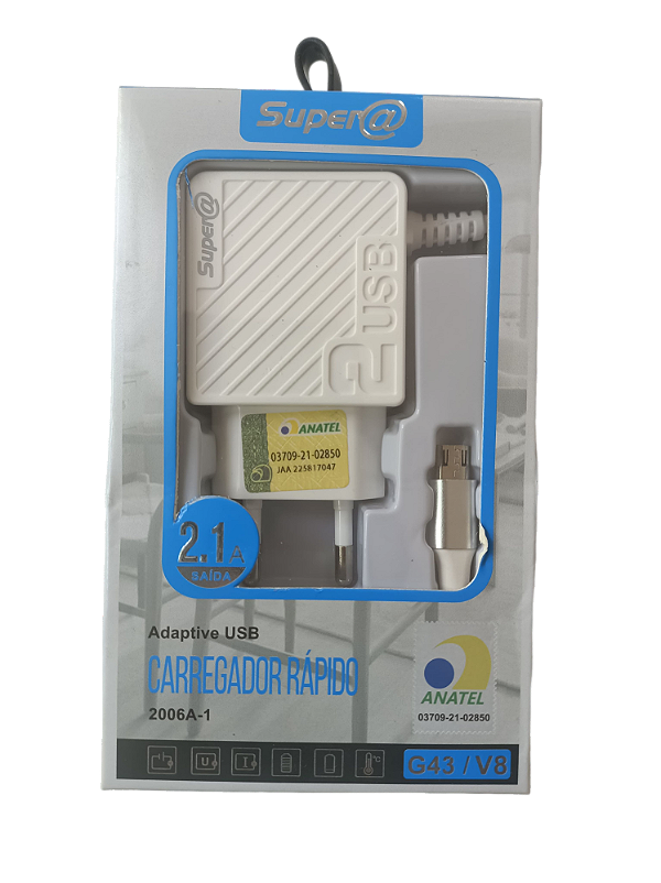 Carregador Supera G43/V8 2 USB 2.1A com Cabo Integrado